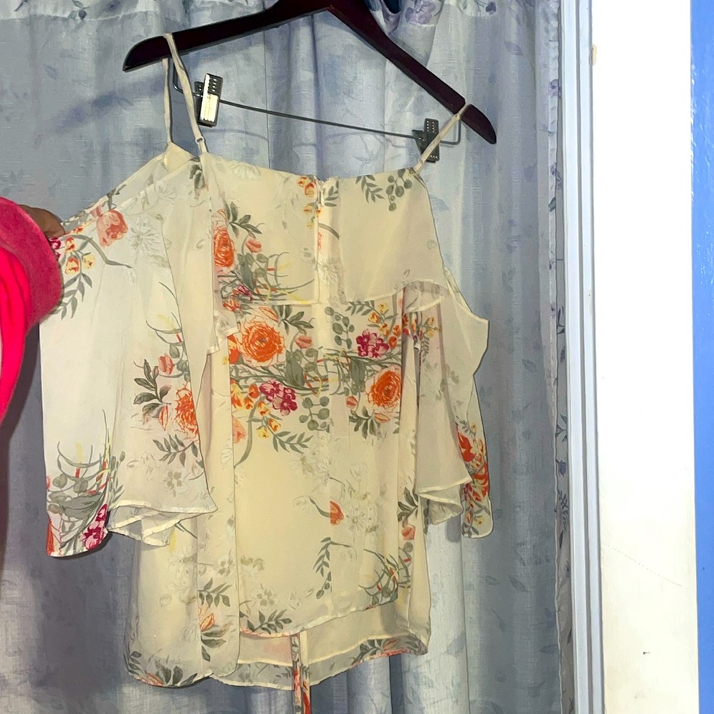 floral spaghetti strapped blouse with off shoulder sleeves